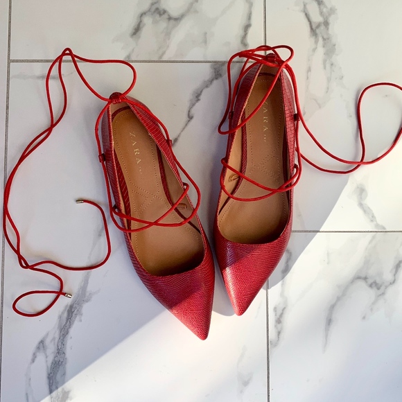 Zara Shoes - Zara Embossed Lace-Up Ballet Flats NWOT